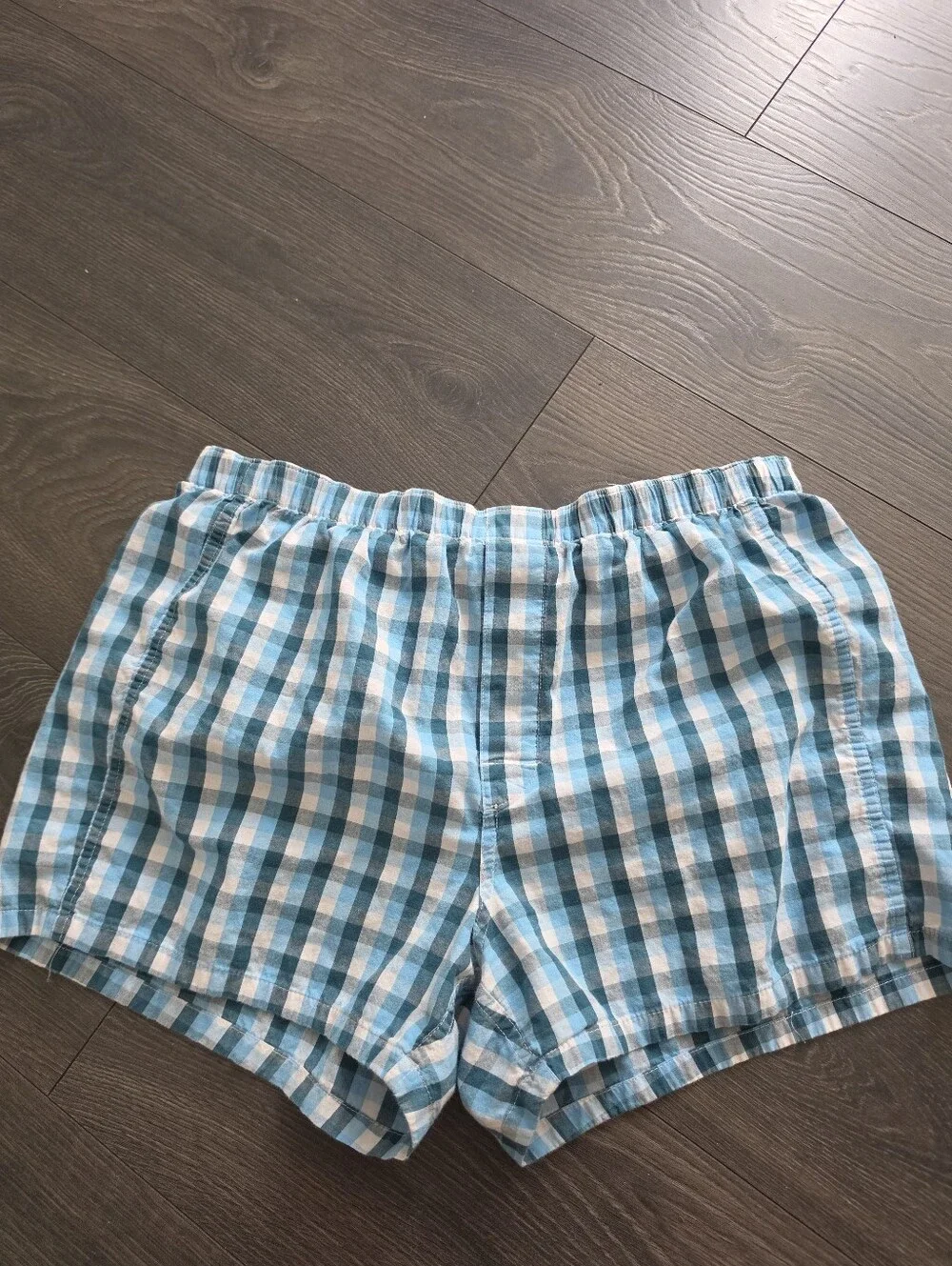 Men's Blue and White Gingham Elastic-Waist Boxers